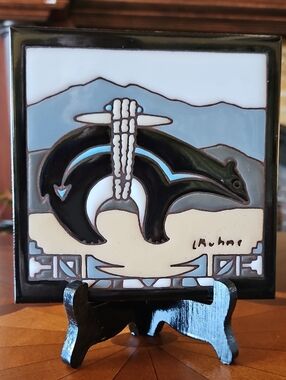 Vtg 1990 Earthtones Southwestern Art Tile Trivet, Signed L Kuhne